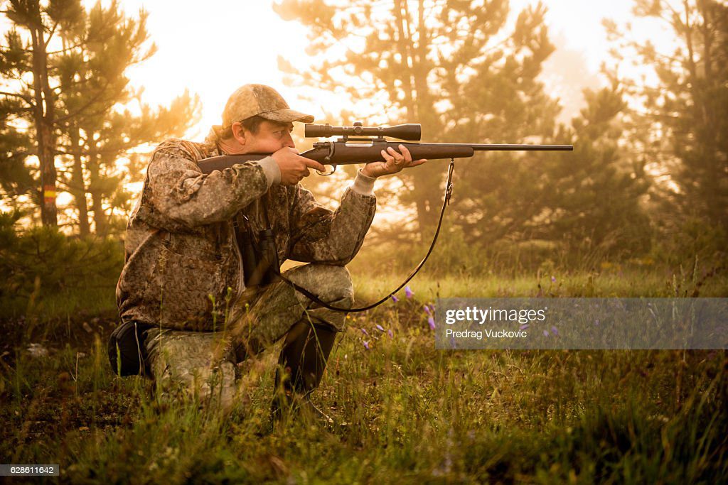 cazador que dispara con el rifle - rifle fotografías e imágenes de stock