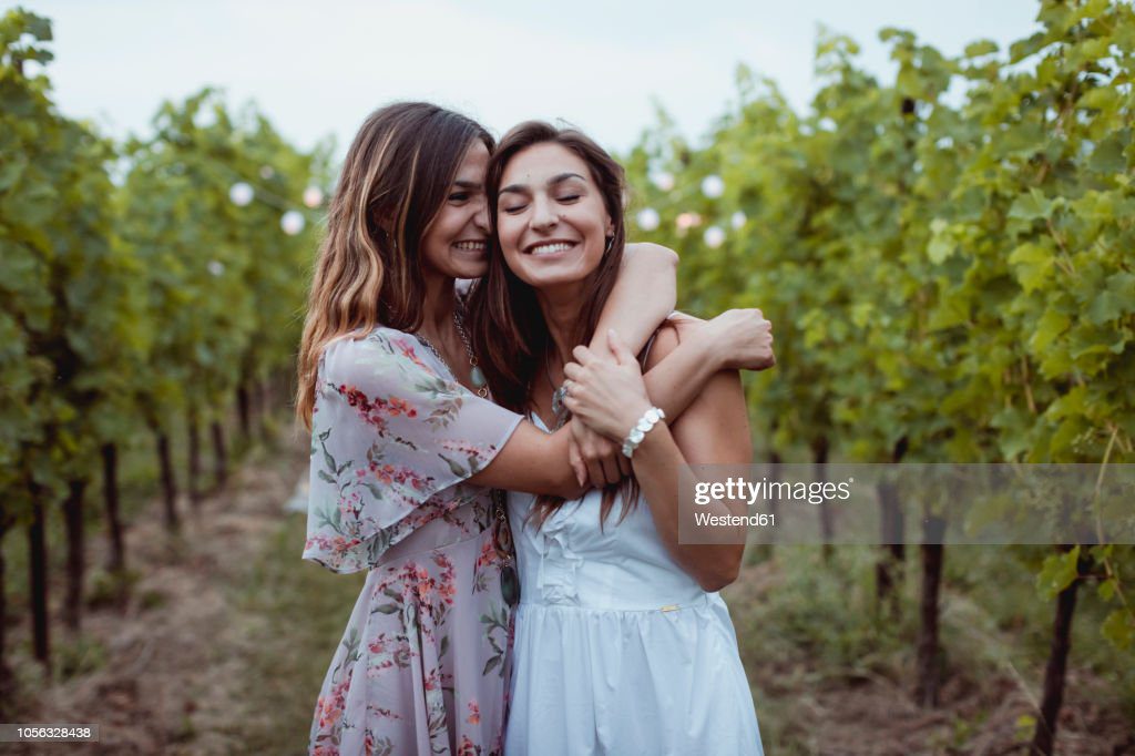 twin sisters embracing at summer picnic in a vineyard - hermana fotografías e imágenes de stock